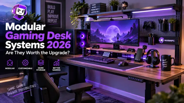 Modular gaming desk with add-on shelf, monitor riser, and magnetic accessory rail