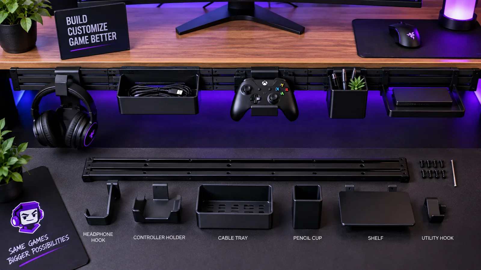 Modular desk accessory rail with snap-on headphone hook, controller holder, and cable tray removed and displayed