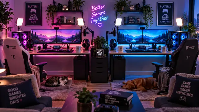 Two matching gaming desks set up side by side in a shared room with mirrored monitor and lighting setups