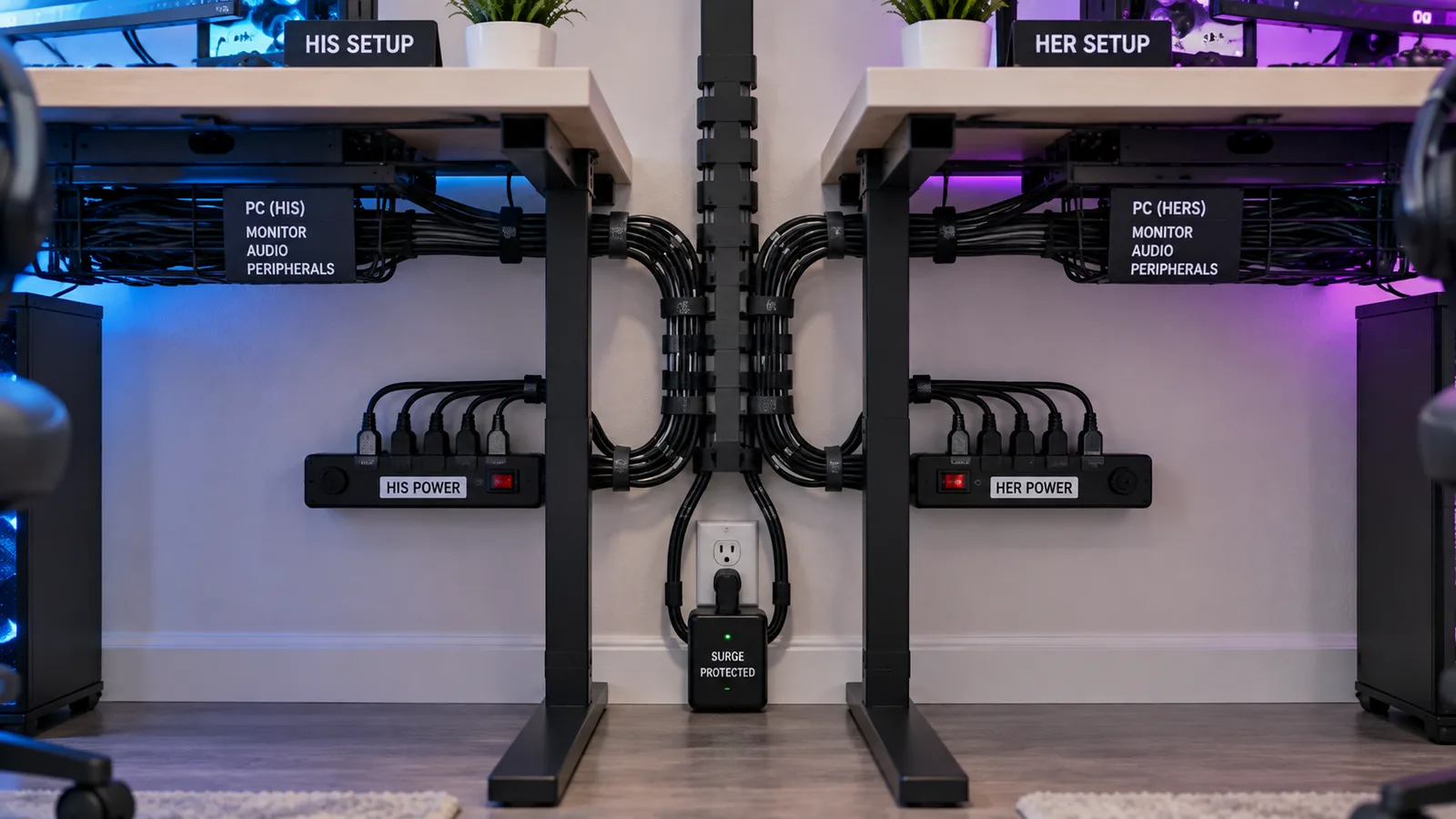 Shared cable management spine between two desks with labeled cables and a separate power strip for each rig