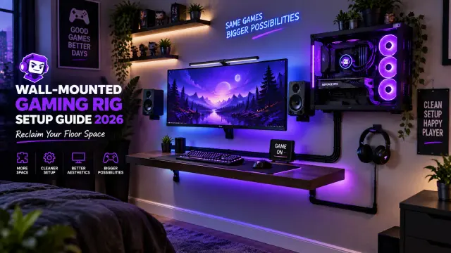 Gaming PC and monitor mounted directly on a bedroom wall with routed cables