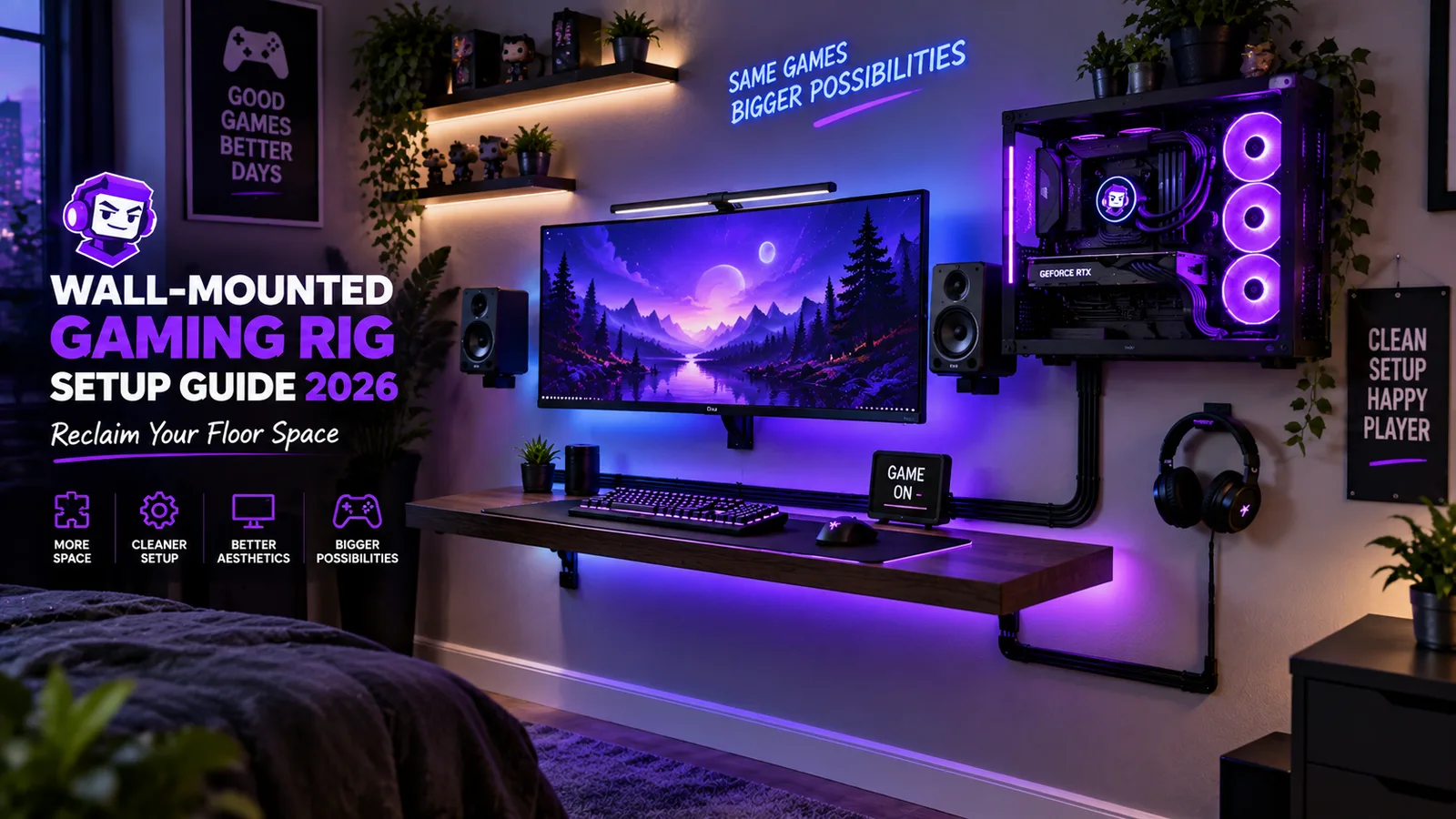 Gaming PC and monitor mounted directly on a bedroom wall with routed cables