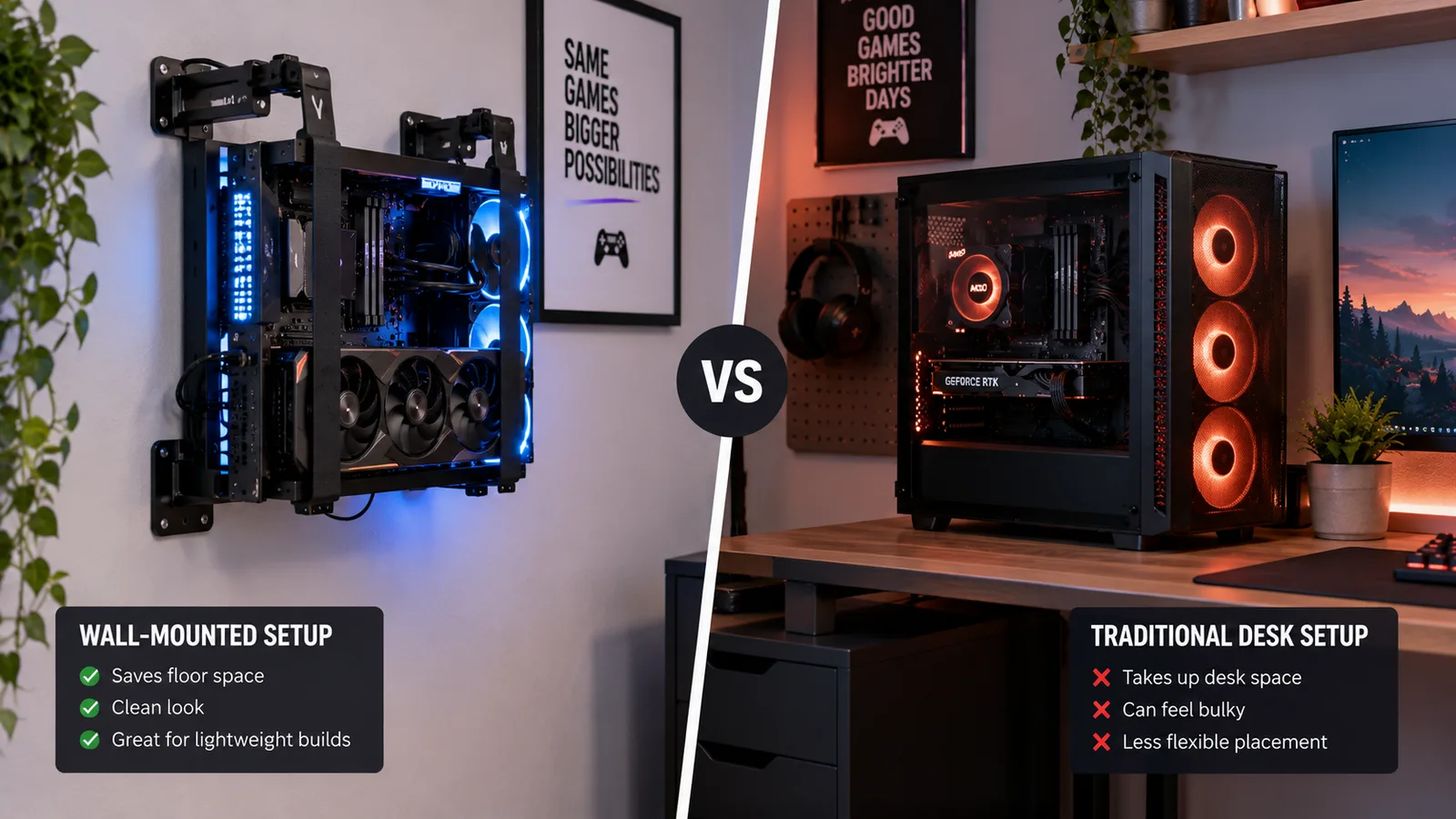 Comparison of a wall-mounted open-frame PC case bracket next to a full-size ATX tower on a shelf