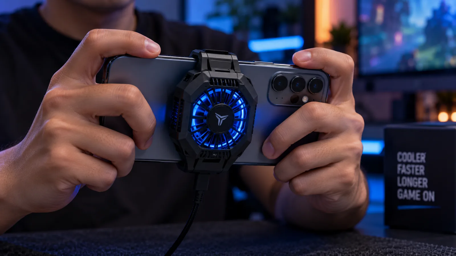 Clip-on cooling fan attached to the back of a smartphone during a gaming session